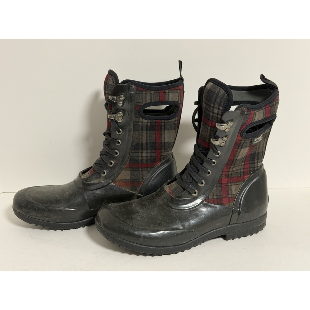 Bogs Sidney Lace Plaid waterproof boots, Red & Gray, Womens Size 10